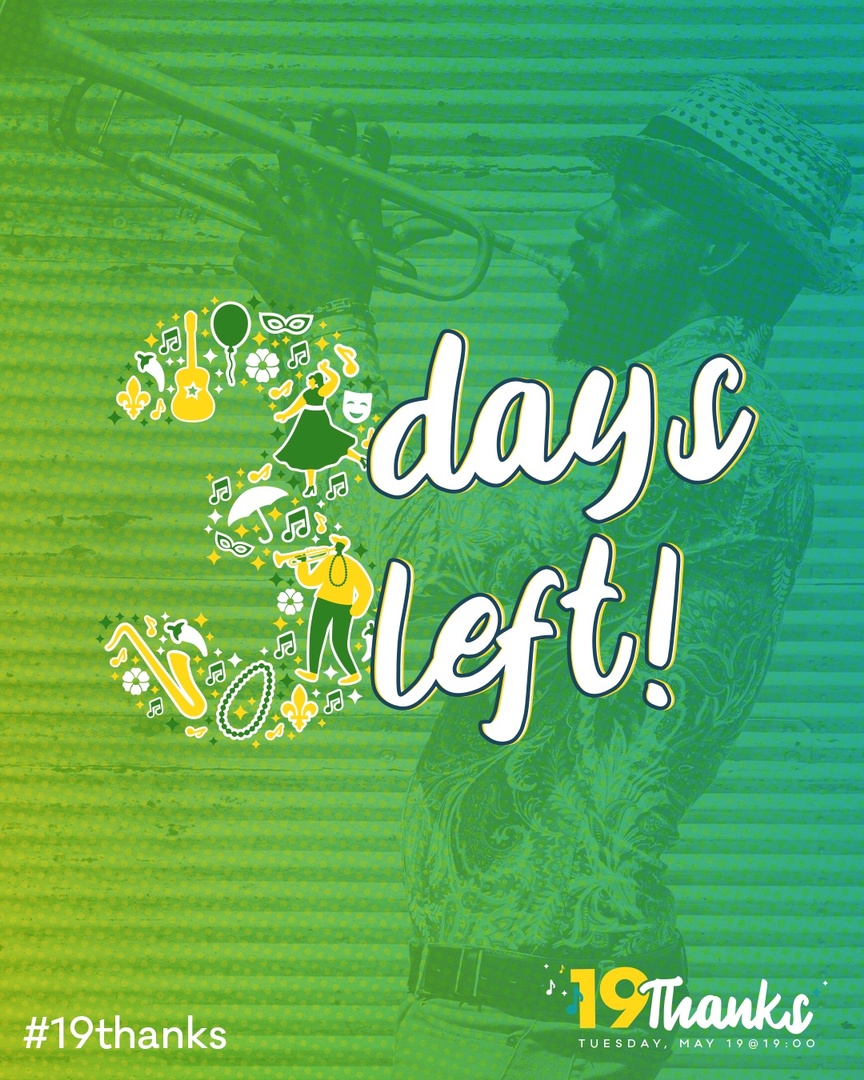19Thanx's tweet photo. We're about 72 HRS away from uniting virtually to Second Line to Thank our Front Line! 
Join us on this page on May 19 at 19:00 (7PM) for a video celebration to thank our essential workers. For 19 min, we're going to fill the air with "When the Saints Go Marching In!" #19Thanks https://t.co/P6SDvWhg74