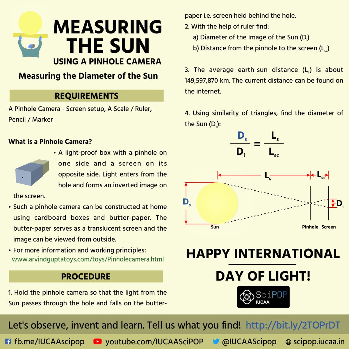 IUCAAScipop's tweet image. Celebrate the International Day Of Light with us!
 
Check out the DIY activity shared here to measure the Sun at home, using a simple pinhole camera!

#60YearsOfLasers #StayAtHome #InternationalDayofLight 
@IAU_Outreach @IDLofficial @UNESCO @Astro4Dev @IAUastroEDU @IAU_org