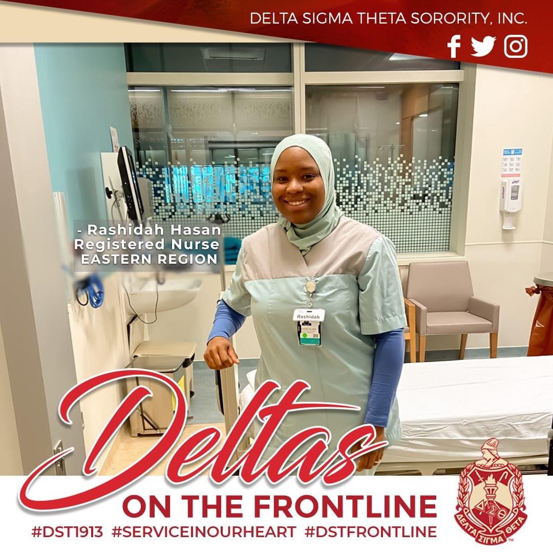 dstinc1913's tweet photo. We salute Rashidah Hasan, Philadelphia Alumnae, Eastern Region. A registered nurse for over 15 years and in clinical leadership for the past 10, sheโs a clinical nurse manager of an international pediatric multi-specialty unit. Thank you for your service! #DST1913 #DSTFrontline https://t.co/C4a37SJz1d