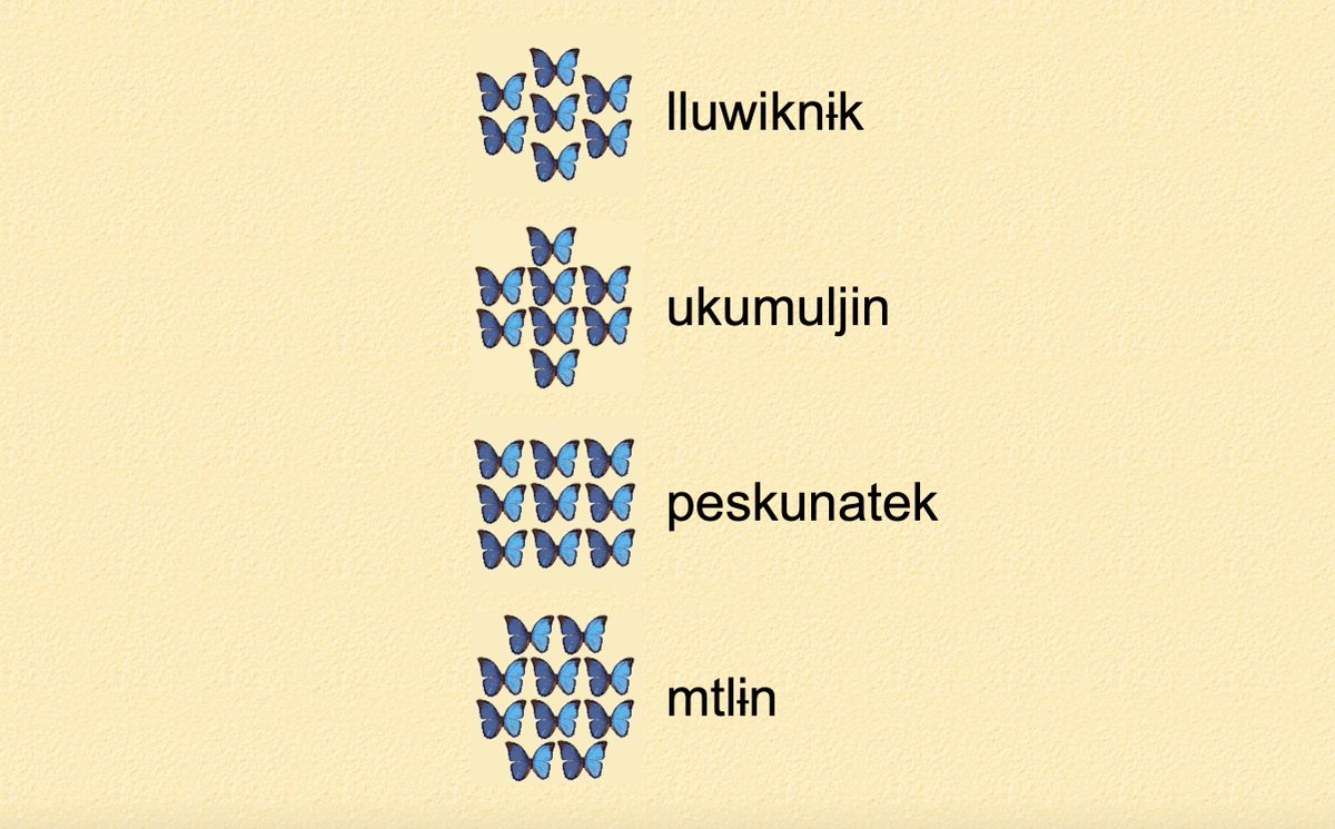 maritimebhangra's tweet photo. LESSON OF THE DAY
Language: Mi'kmaq
Numbers Cont'd:
Seven = lluwikni̵k
Eight = ukumuljin
Nine = peskunatek
Ten = mtli̵n
Source: https://t.co/HPJ9tRtQmx
#SaturdayLesson https://t.co/8Cq2k3u9lS