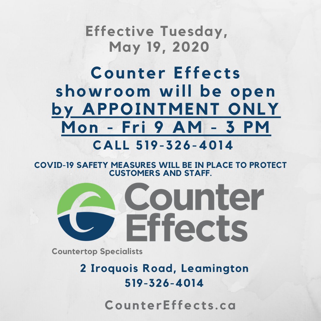CounterEffects's tweet photo. Tues May 19 @CounterEffects Effects will open showroom doors by appointment only from 9 am - 3pm Mondays through Fridays. Please CALL to arrange a time to visit at 519-326-4014. 
Enjoy your holiday weekend!!
https://t.co/4vMzWyFjfV
#CounterEffects #countertopspecialists https://t.co/rMkSLlHSwg