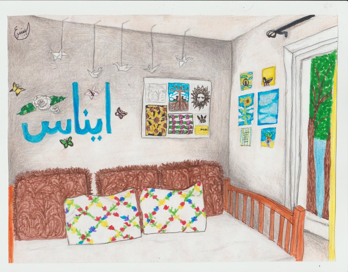"Scenes of everyday life during the #pandemic" challenge: grade 9 <a href="/ImmaculataOCSB/">Immaculata High School</a> student Enas submitted this piece, inspired by the art of Annie Pootoogook. Enas' drew her room, walls covered with her own art, including her name in Arabic script. #ocsbArts @MasterGOCSB2