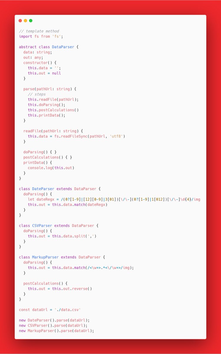 anuraghazru's tweet image. #DesignPatternsEveryday
Next Up! Template Method.

▶️ Template method is a behavioural design pattern which defines skeleton of an algorithm in a step by step manner and lets subclasses override them.

1/n
