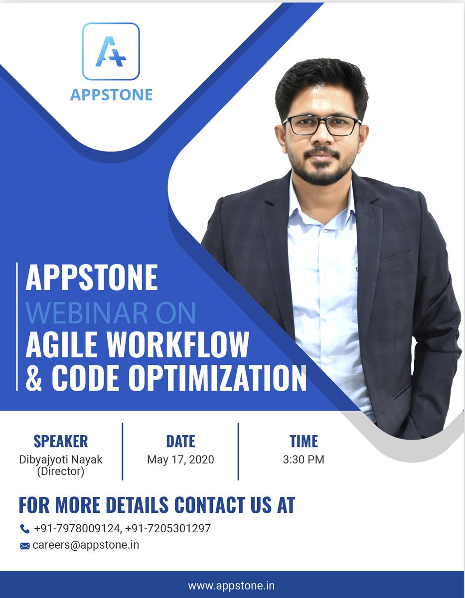 AppstonePvtLtd's tweet image. Appstone is hosting a webinar on Agile workflow and Code Optimization on 17th May 2020 at 3:30 PM.
#webinar #agileworkflow #codeoptimization #code #programming #smartcity #startup #banglore #bhubaneswar