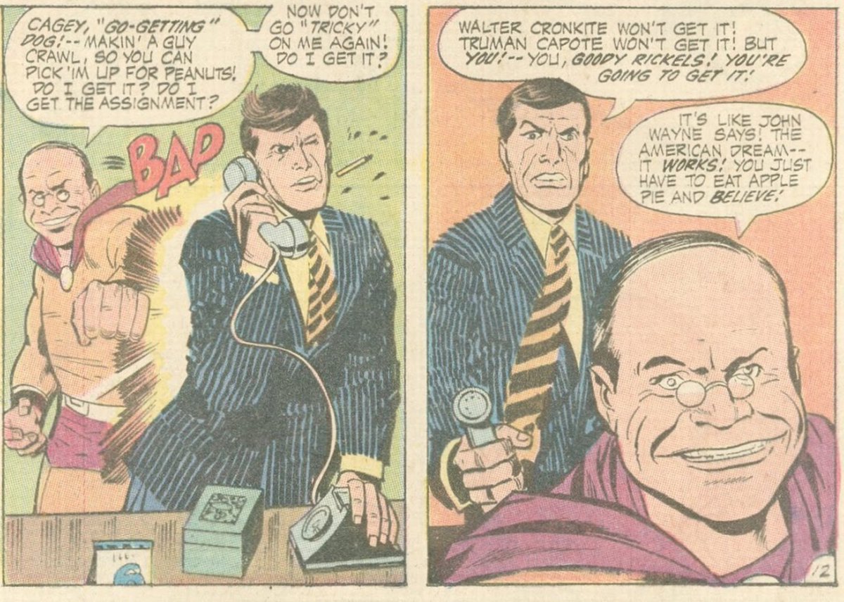 Don and Goody let Kirby flex a different kind of writing muscle, and its very, very odd, but also I think it succeeds in being funny, half-sincere homage and half-bizarro parody of 70s insult comic material? “You just have to eat apple pie and believe” could be a recent joke.