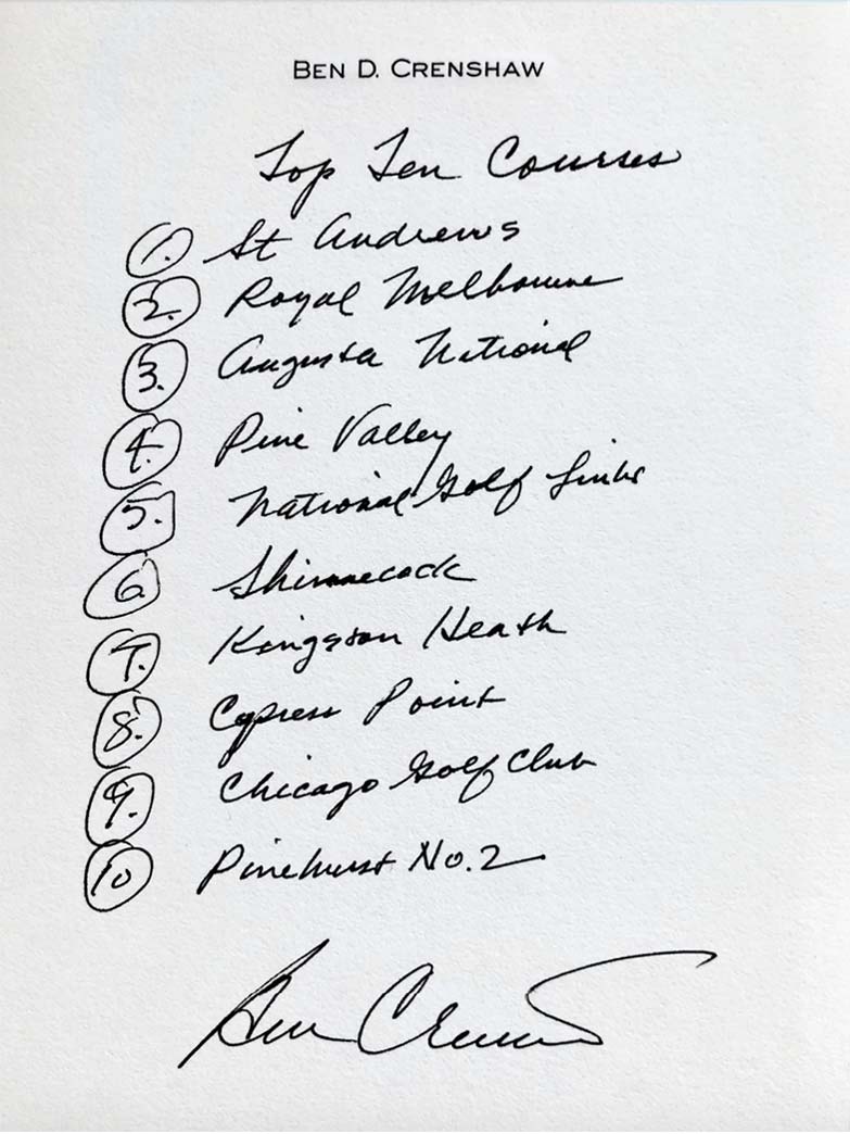 Ben Crenshaw lists his Top 10 Courses in the world.

Almost as elegant as his penmanship.