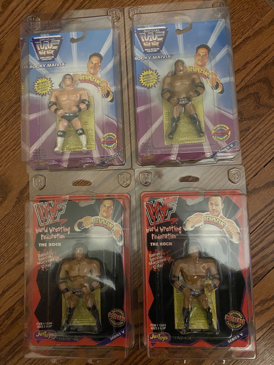 toy_tracker's tweet photo. The Series V (5) WWF BendEms featured four wrestlers. One wrestler, Rocky Maivia/Rock had 5 Variants. Here are Four of the variants. 

#WWF #WWE #BendEms #JusToys #Hasbro #FigLife #wrestlingcommunity #LegWork #Stimulus #WrestlingToys #VintageToys #TheRock #Maivia #Rocky @TheRock https://t.co/YZ1eU7oJwP