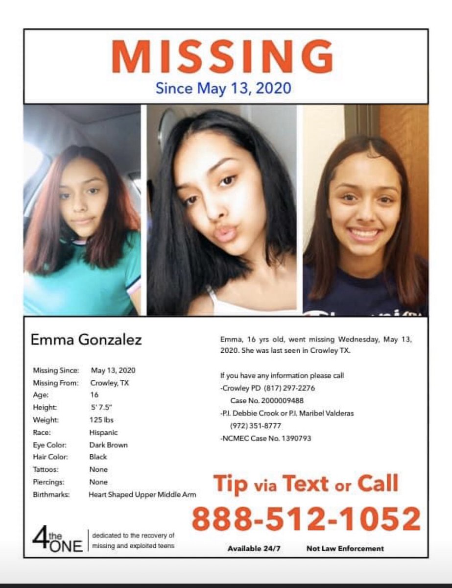 #MISSING Emma Gonzalez, 16 yrs old, went missing Wednesday,  May 13, 2020.  She was last seen in #Crowley, TX
Crowley Police Dept 817-297-2276
Case #2000009488 or CALL / TEXT our TipLine at 888-512-1052

@MissingKids #: 1390793

#CrowleyTexas #EmmaGonzalez #MissingChild