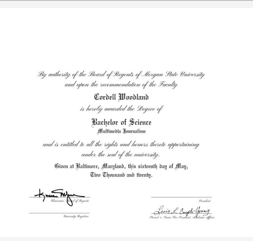 CordellWoodland's tweet photo. Thank you Morgan State for giving someone who was deemed a failure and disappointment before even getting a chance to show what he was capable of. You guys saw my potential and pushed me to reach it. I’m officially a #MorganStateGrad 🎓 https://t.co/5tGSHNmUyf