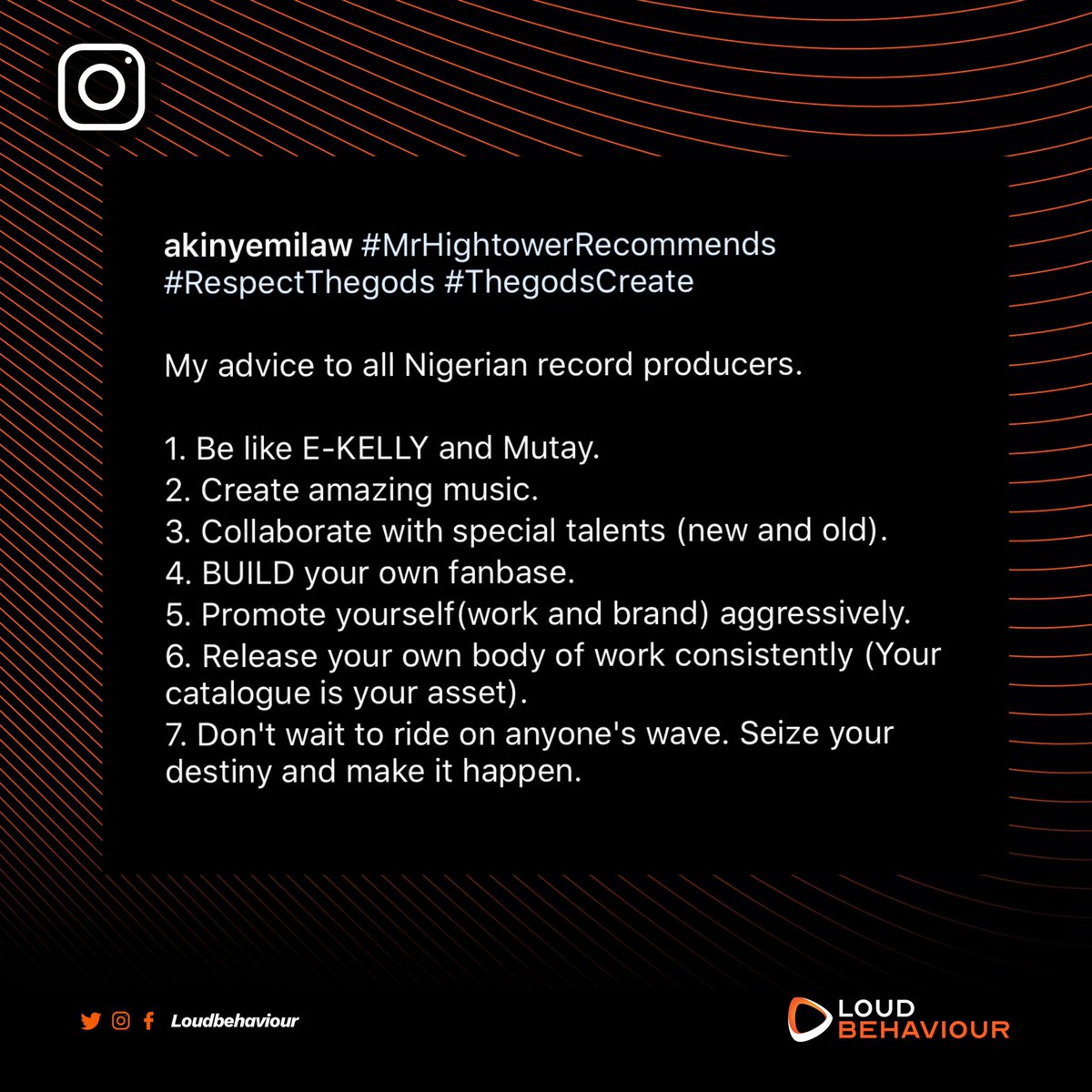LoudBehaviour's tweet photo. Dear Record Producers,
Word of advice from @akinyemilaw
Take notes ๐ .
.
#LoudBehaviour #Music #MusicPromotion https://t.co/lKyv67Mvj5