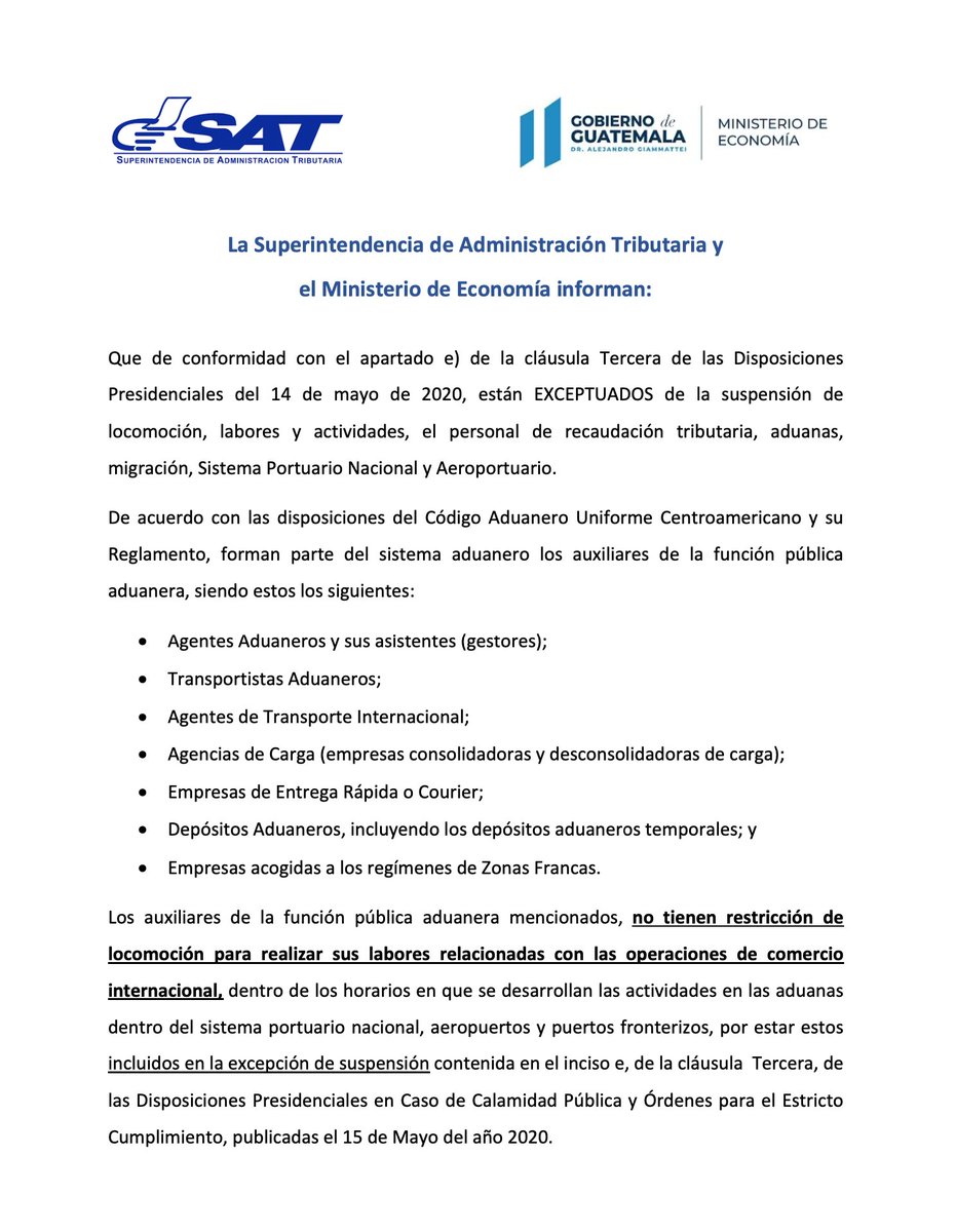 La Superintendencia de Administración Tributaria y el Ministerio de Economía informan: