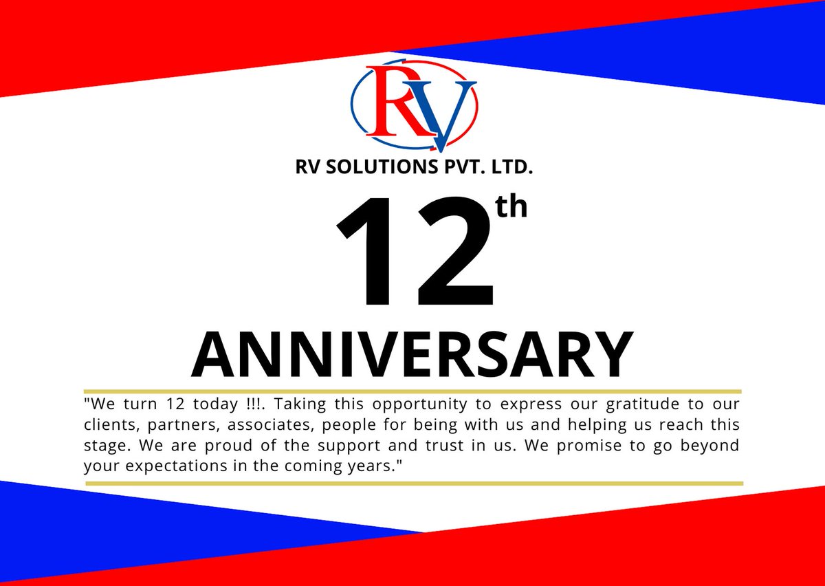 'We turn 12 today !!!. Taking this opportunity to express our gratitude to our clients, partners, associates, people for being with us and helping us reach this stage. We are proud of the support and trust in us.'
#12years #rvsolutionspvtltd #happyanniversary #celebratingsuccess