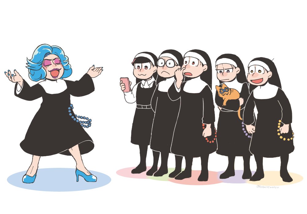 matsuno choromatsu ,matsuno ichimatsu ,matsuno karamatsu ,matsuno todomatsu nun multiple boys habit sunglasses phone dress blue hair  illustration images