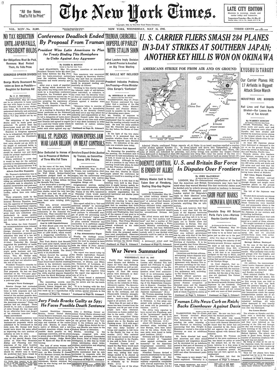 May 16, 1945: U.S. Carrier Fliers Smash 284 Planes in 3-Day Strikes at Southern Japan; Another Key Hill is Won on Okinawa  https://nyti.ms/2WDib3i 