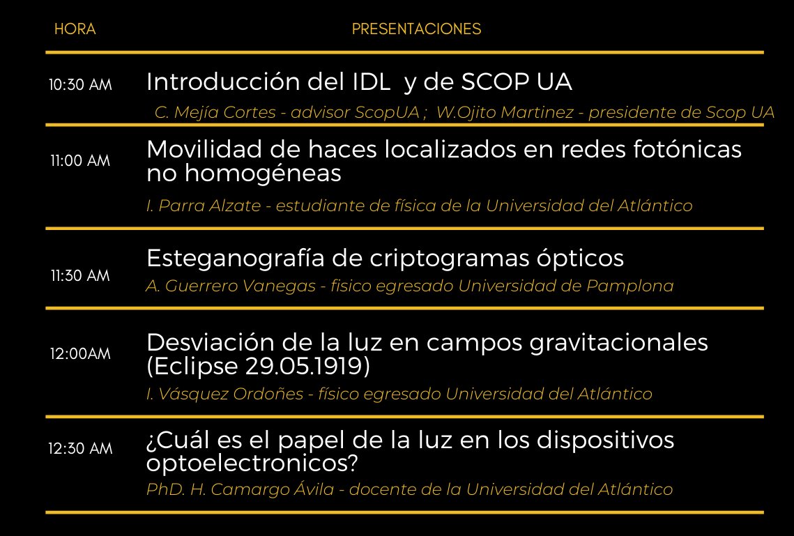 SCOPUA los invita a la celebración del día internacional de la luz 2020. El objetivo del evento crear conciencia sobre el papel fundamental de la luz en nuestras vidas, elevando la ciencia, la tecnología, el arte y la cultura.Te esperamos
<a href="/SPIEtweets/">SPIE</a> <a href="/IDLofficial/">International Day of Light 16 May</a> <a href="/OpticalSociety/">The Optical Society now Optica</a>