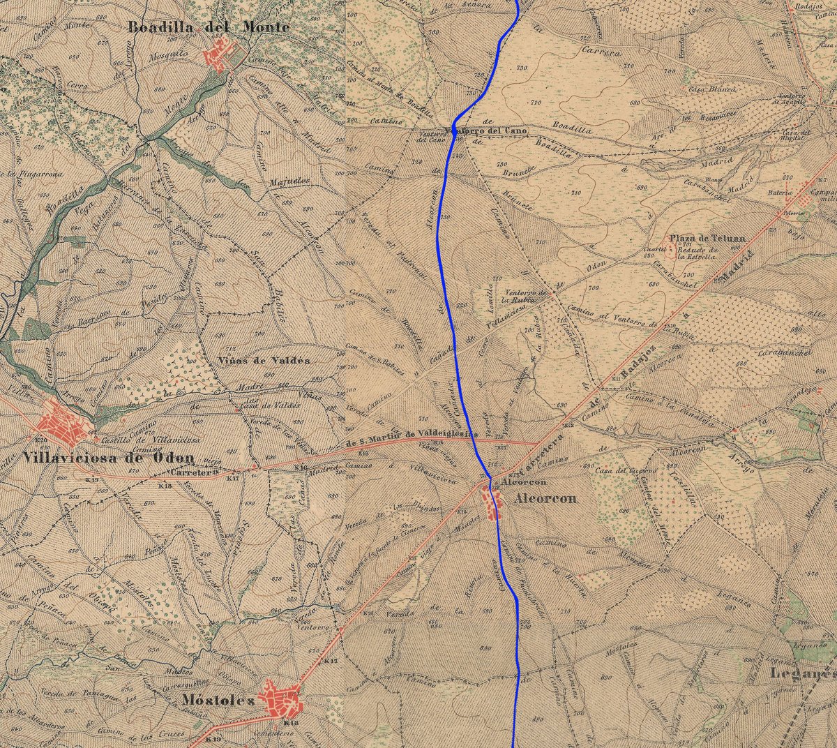 Cañada de Alcorcón, sobre Mapa Cartográfico Nacional de 1875. Fuente: IGN. Montaje: elaboración propia.