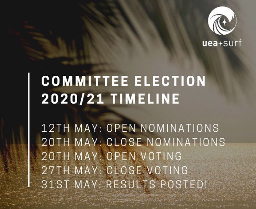Final reminder that if you'd like to nominate yourself for one of next year's committee positions, you need to nominate yourself by this Wednesday! 

Voting will then open for a week and results will be posted on 31st May. 

Head to uea.su/surf &amp; get your name in!