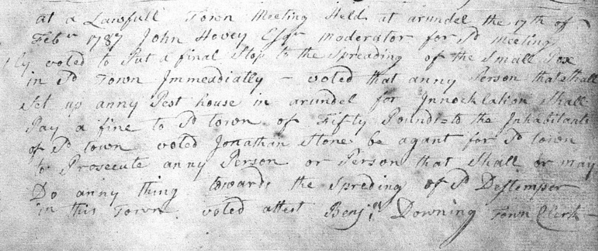 xefer's tweet image. From Kennebunkport, ME town records:

... 17th of Febr 1787

1ly voted to put a final stop to the spreading of the Small Pox in sd town immediately - voted that anny Person that shall set up anny Pest house in arundel for Innockultion shall Pay a fine to sd town of Fifty Pounds