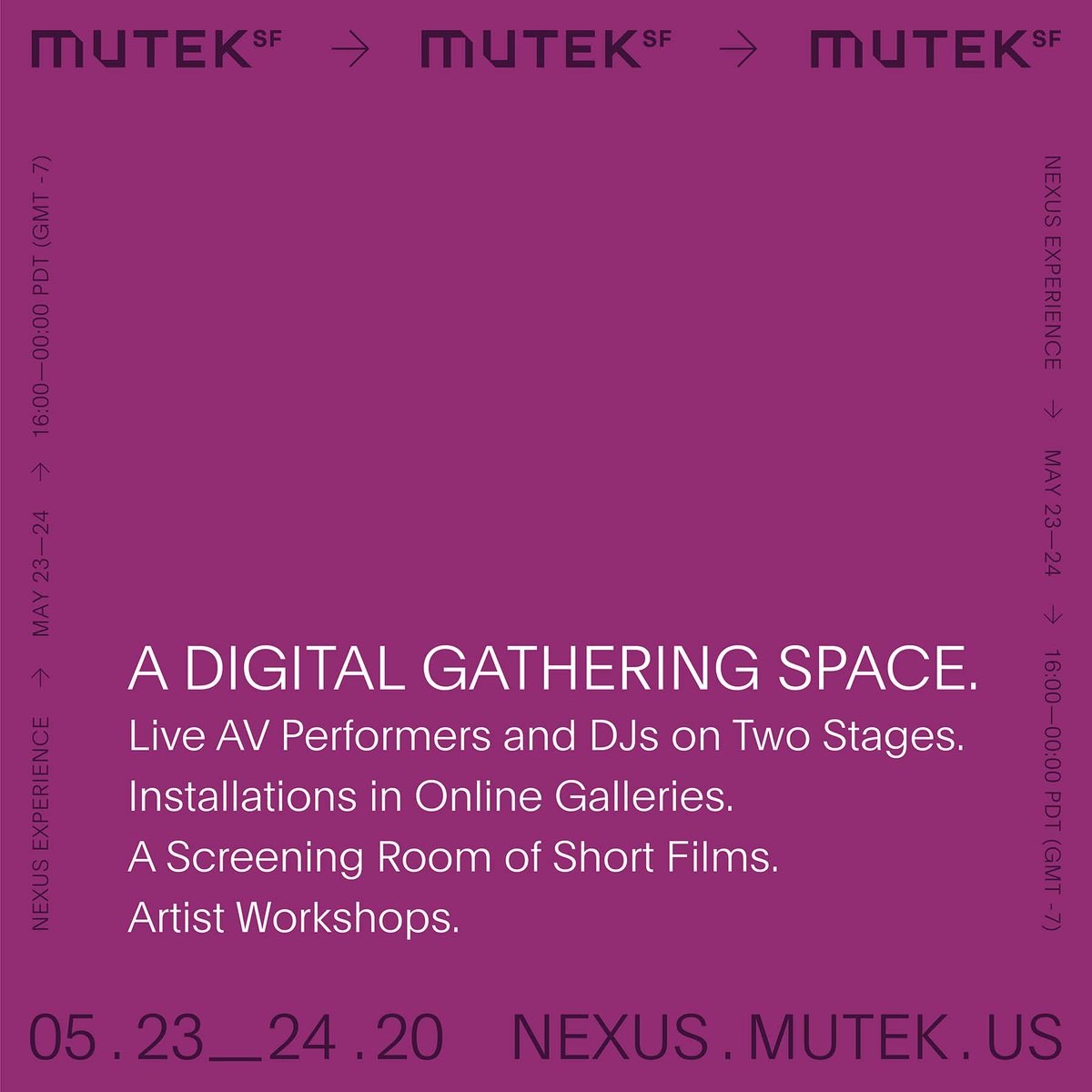 MUTEKMX's tweet photo. Está lista la Primera Ola de artistas que son parte de @MUTEKSF #NEXUSExperience. Revisen toda la programación que inicia el próximo sábado: A/V performances y DJ sets en múltiples escenarios, instalaciones en galerías en línea, proyecciones, talleres y más. 💎 https://t.co/LxbW1R4BbM