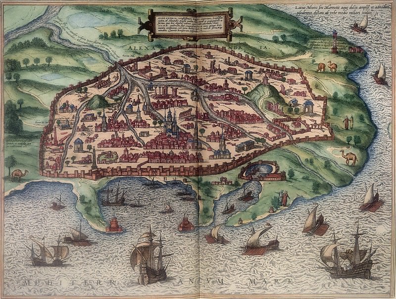 9. By the 16th century, when this map was produced, Alexandria had ben toppled by earthquakes, deluged by tidal waves and depopulated by plague.The city's few citizens livend among the ancient ruins.