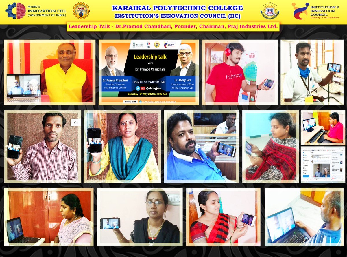 drsandanasamy's tweet photo. The #LeadershipTalk by Dr @PramodC85321410,Founder, 
@PrajIndustries with Dr @abhayjere was mindblowing. I  hope the @Karaikal_KPTC gained lots of knowledge &amp; idea from the interaction. The fraternity congratulates you, Sir. @AICTE_INDIA @HRDMinistry #mhrdindia #mhrd_innovation https://t.co/wMPYYM3p62