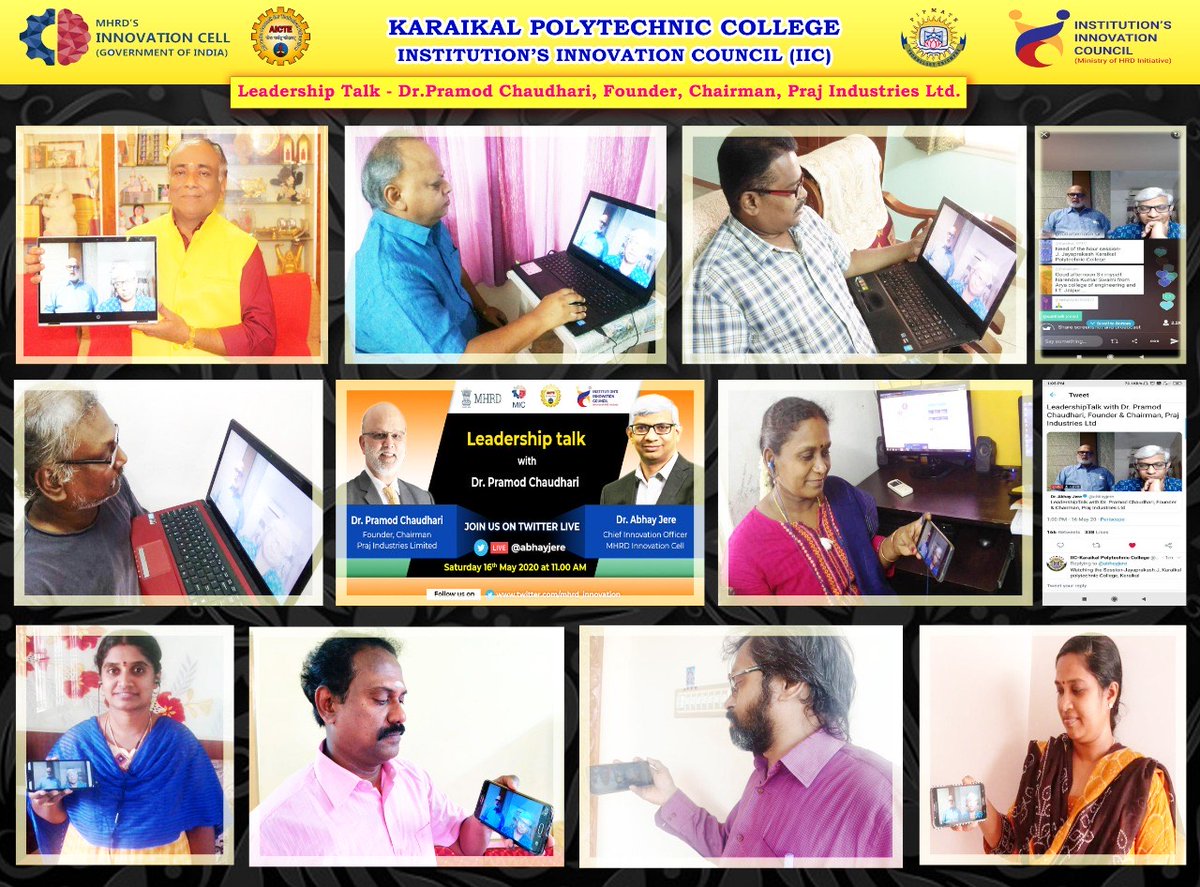 drsandanasamy's tweet photo. The #LeadershipTalk by Dr @PramodC85321410,Founder, 
@PrajIndustries with Dr @abhayjere was mindblowing. I  hope the @Karaikal_KPTC gained lots of knowledge &amp; idea from the interaction. The fraternity congratulates you, Sir. @AICTE_INDIA @HRDMinistry #mhrdindia #mhrd_innovation https://t.co/wMPYYM3p62