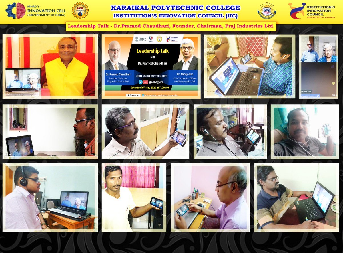 drsandanasamy's tweet photo. The #LeadershipTalk by Dr @PramodC85321410,Founder, 
@PrajIndustries with Dr @abhayjere was mindblowing. I  hope the @Karaikal_KPTC gained lots of knowledge &amp; idea from the interaction. The fraternity congratulates you, Sir. @AICTE_INDIA @HRDMinistry #mhrdindia #mhrd_innovation https://t.co/wMPYYM3p62