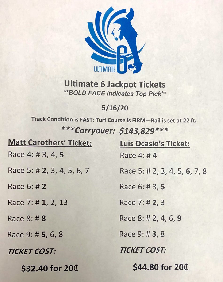 TampaBayDownsFL's tweet photo. Our track condition is FAST; our turf course is FIRM—the rail is set at 22 ft.  We have a #Carryover in the #Ultimate6Jackpot of $143,829 (beginning in the 4th race).  Check out ⁦@MattCTVG⁩ ‘s and ⁦@LuisAtTampa⁩ ‘s #Ultimate6 Jackpot tickets for today’s card! https://t.co/9z5oN2D04d
