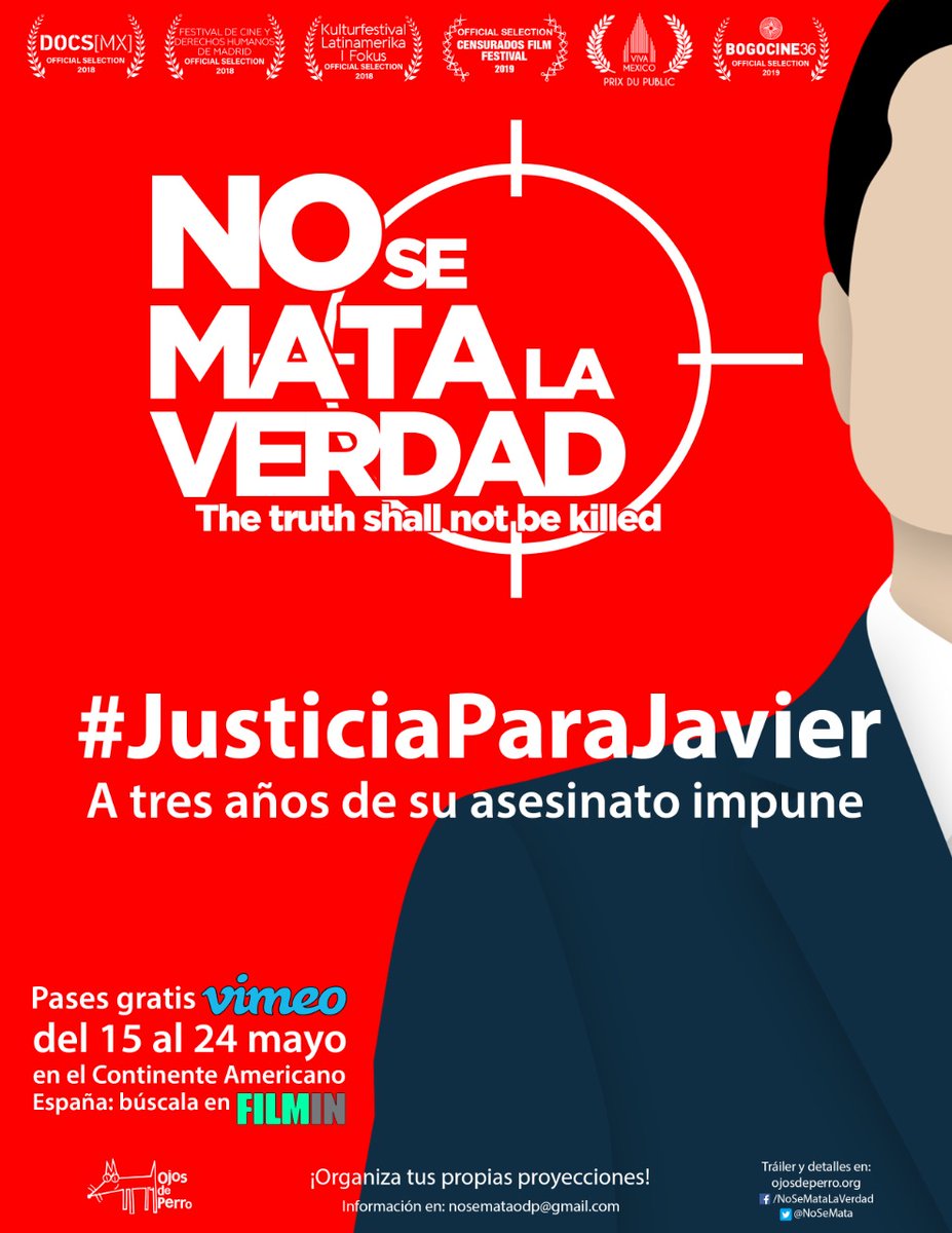 article19mxca's tweet photo. 🎬 ✊A 3 años del asesinato de #JavierValdez y para recordar a todas y todos los periodistas asesinados en 🇲🇽, te invitamos a usar este #PaseGratis para ver el documental "No se mata la verdad"
📅15 de mayo al 24 de mayo
👉https://t.co/XzYSyQcegH
Contraseña: JusticiaParaJavier https://t.co/LtLIU4wWcx
