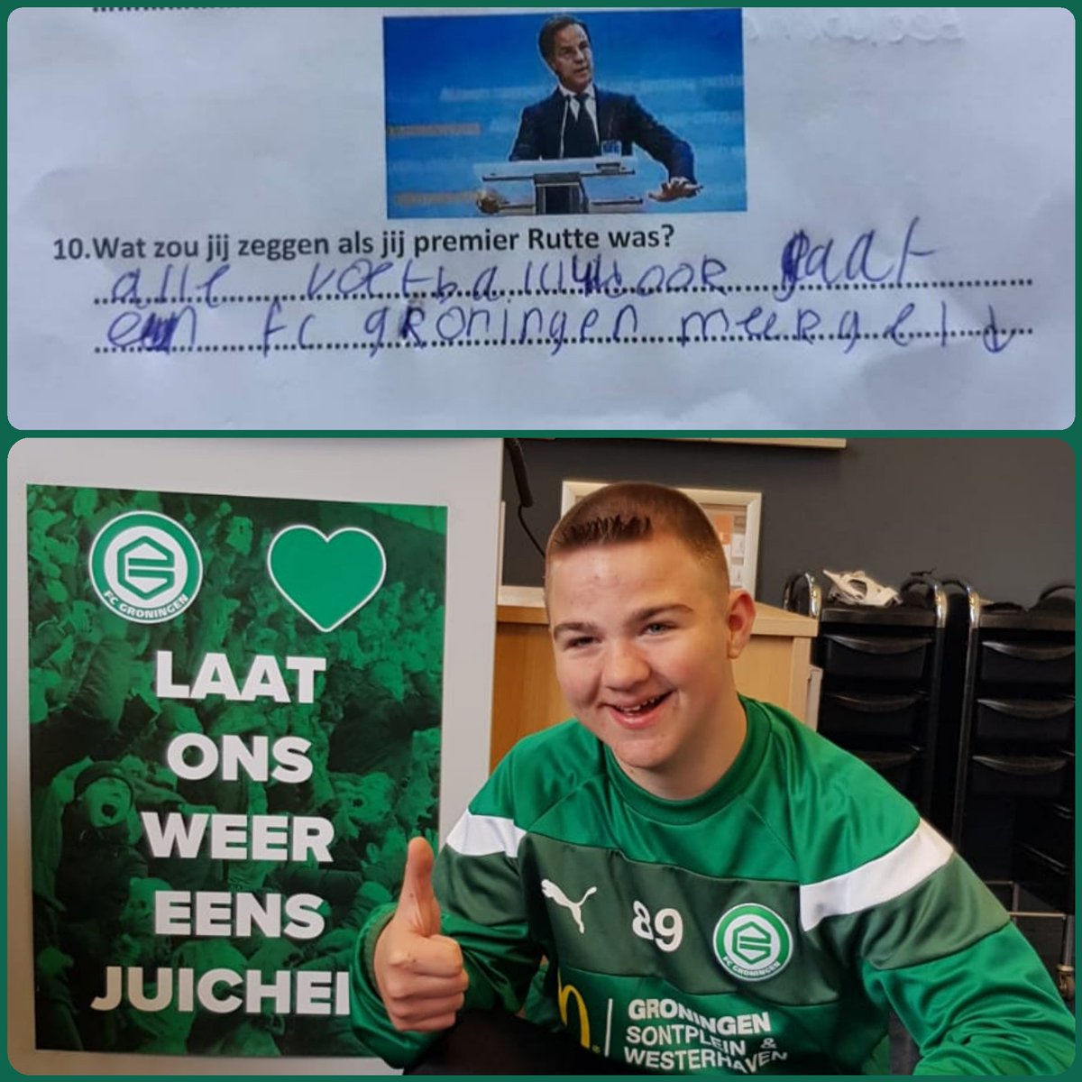 Justin een van onze toppers. Kreeg tijdens zijn huiswerk de vraag , wat zou je zeggen als jij <a href="/MinPres/">Rob Jetten</a> Rutte was ? Zijn antwoord is, <a href="/fcgroningen/">FC Groningen</a> meer geld geven 💚⚽️ ik reken hem goed Justin  !! #laatonsweereensjuichen 👇👇