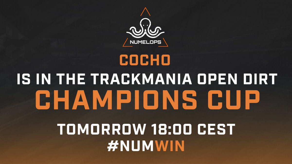 Numelops's tweet photo. Best of luck to our player @cochotm for the @trackmaniaopen Dirt Champions Cup Tomorrow!

We hope you're going to win! 💪

#NUMWIN #NUMDIRT https://t.co/vkKiZ4IHMW