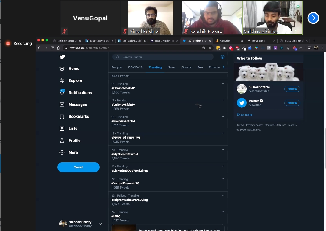 writo's tweet image. Woohoo. We&apos;re trending on Twitter. A LinkedIn course
#vaibhavsisinty #LinkedinBatch4, #LinkedIn5dayworkshop