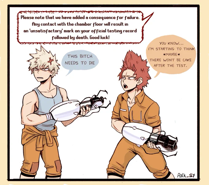 Because @dingcannotdraw combined my two favorite things, Kiribaku and Portal. I loved their idea so much I wanted to draw them too! 