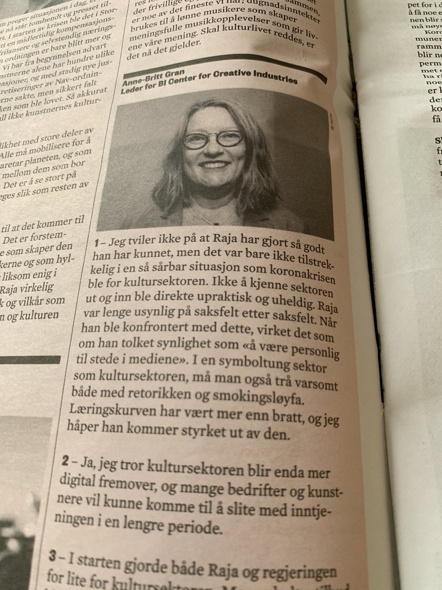 Forstemmende å lese intervjuet med <a href="/abidraja/">Abid Raja</a> i <a href="/Morgenbladet/">Morgenbladet</a> stort sett floskler og intetsigende uttalelser om hvor mye <a href="/Kulturdep/">Kultur- og likestillingsdepartementet</a> gjør for kulturen. Ikke kunstnernes minister sier <a href="/RubenSteinum/">Ruben Steinum</a> <a href="/nbk_billedkunst/">NBK</a> synlighet er ikke «å være i mediene» sier <a href="/abgran/">Anne-Britt Gran</a>