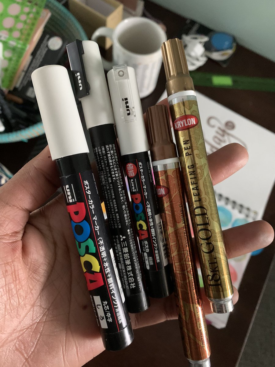 FYI here’s what i’ve been using:• zig clean color brush pens  https://bit.ly/2X5JiTx • jane davenport mermaid markers  https://bit.ly/3bzHhEp • water brushes  https://bit.ly/2LAQbHa • posca paint pens  https://bit.ly/3bERkIi • krylon metallic pen  https://bit.ly/3cEgQyE 