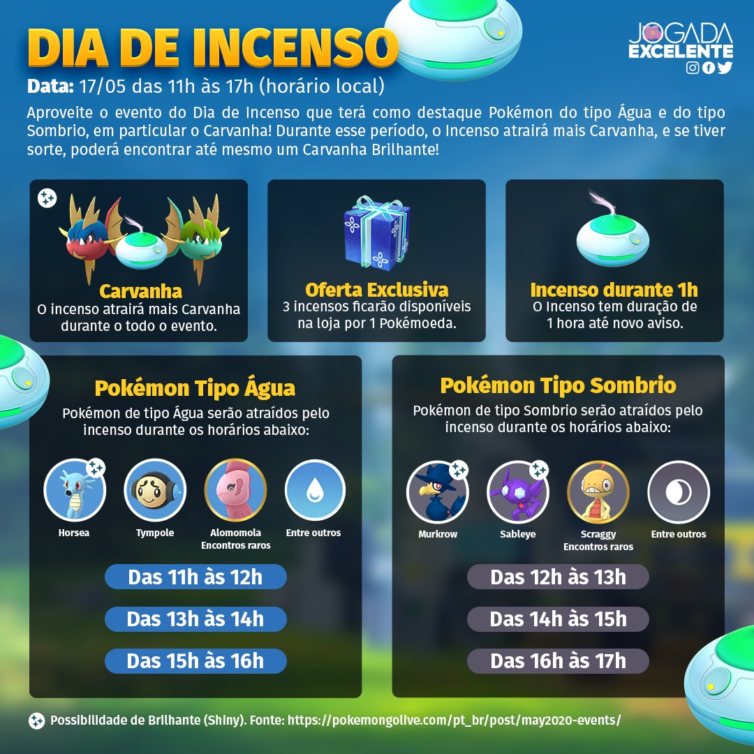 PokemonGo Extrema-MG - Dia de Incenso: tipo Água e tipo Sombrio No domingo,  17 de maio de 2020, das 11h00 às 17h00, horário local, vocês poderão  aproveitar o evento do Dia de