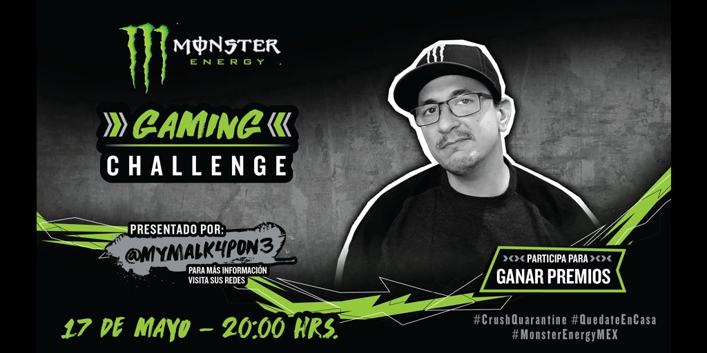 MonsterEnergyMx's tweet photo. No te pierdas este domingo #MonsterGamingChallenge  🎮  @alkapone ya está tramando la jugada con la que los retará el día de mañana!  🕹👾
Para más detalles consulta las redes de Alk4pon3- ¡Habrá  sorpresas!! 🎁
#CrushQuarantine #MonsterEnergyMex #MonsterGaming https://t.co/t441qU3pRt