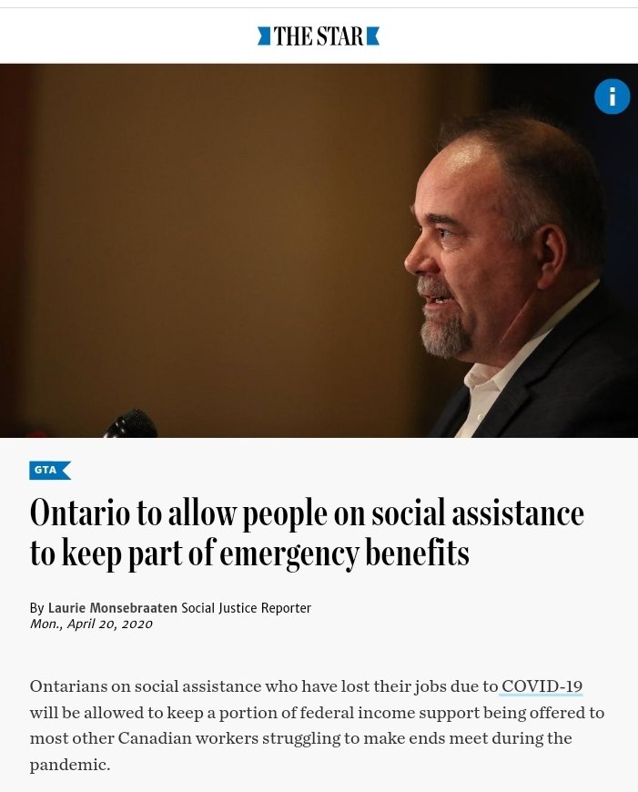 You may be asking, "Don't disabled folks who did work on ODSP get the Federal CERB?"Yes, However Doug Ford & Todd Smith are clawing back $900 for those who recieve the CERB.Yup, the province is taking federal emergency funds from vulnerable residents  https://www.thestar.com/amp/news/gta/2020/04/20/ontario-to-allow-people-on-social-assistance-to-keep-part-of-emergency-benefits.html?__twitter_impression=true