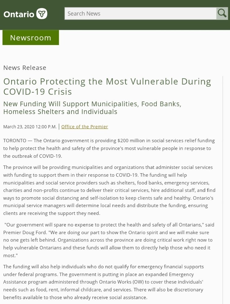 In March, Ontario gave funding to foodbanks & non profits. That was their bandaid for the almost 1mill vulnerable folks on social assistance: giving charities funds so that those at high risk right now must go out & beg at an already overwhelmed foodbank.  https://news.ontario.ca/opo/en/2020/03/ontario-protecting-the-most-vulnerable-during-covid-19-crisis.html?utm_source=ondemand&utm_medium=email&utm_campaign=m