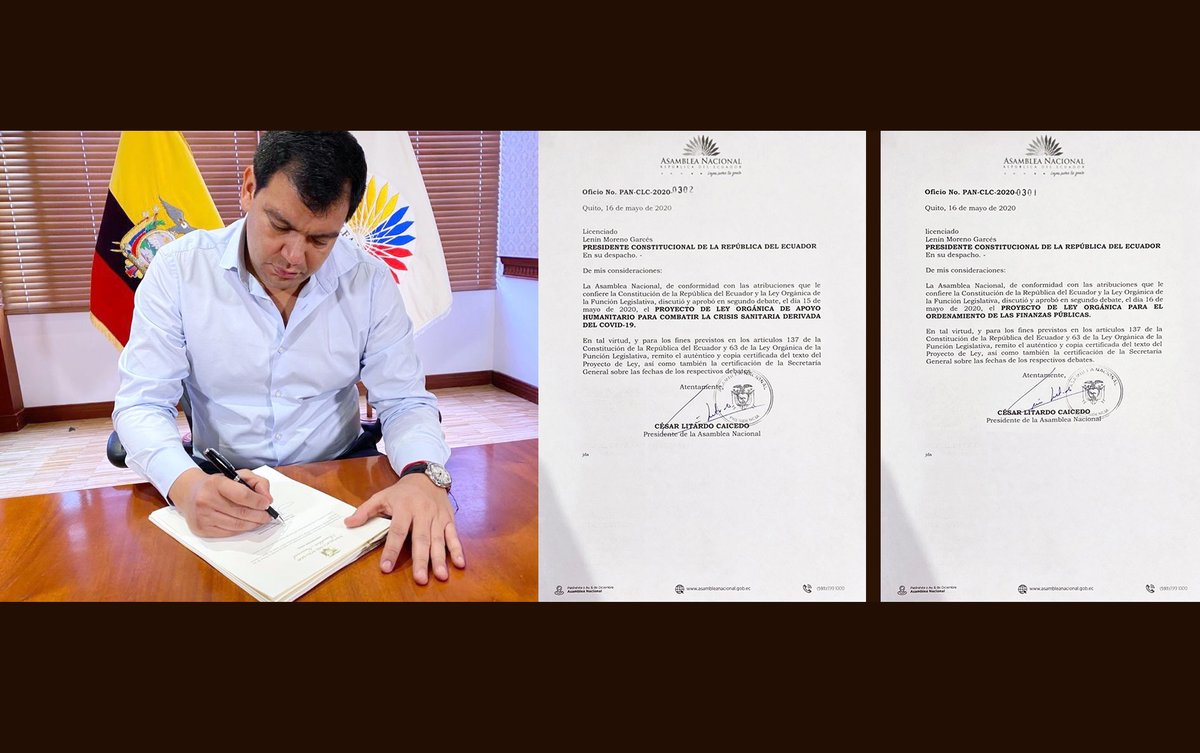Como <a href="/AsambleaEcuador/">Asamblea Nacional</a> hemos cumplido con el país. He firmado los oficios de entrega de la #LeyFinanzasPúblicas y la #LeyApoyoHumanitario dirigidos al Ejecutivo.