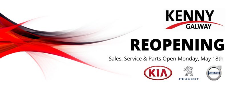 Kenny Galway will reopen for Sales, Service &amp; Parts on Monday, May 18th following the latest Government announcement. 

All Government &amp; HSE guidelines and precautions will be adhered to at our dealership, with the necessary measures in place for our customers and staff.
