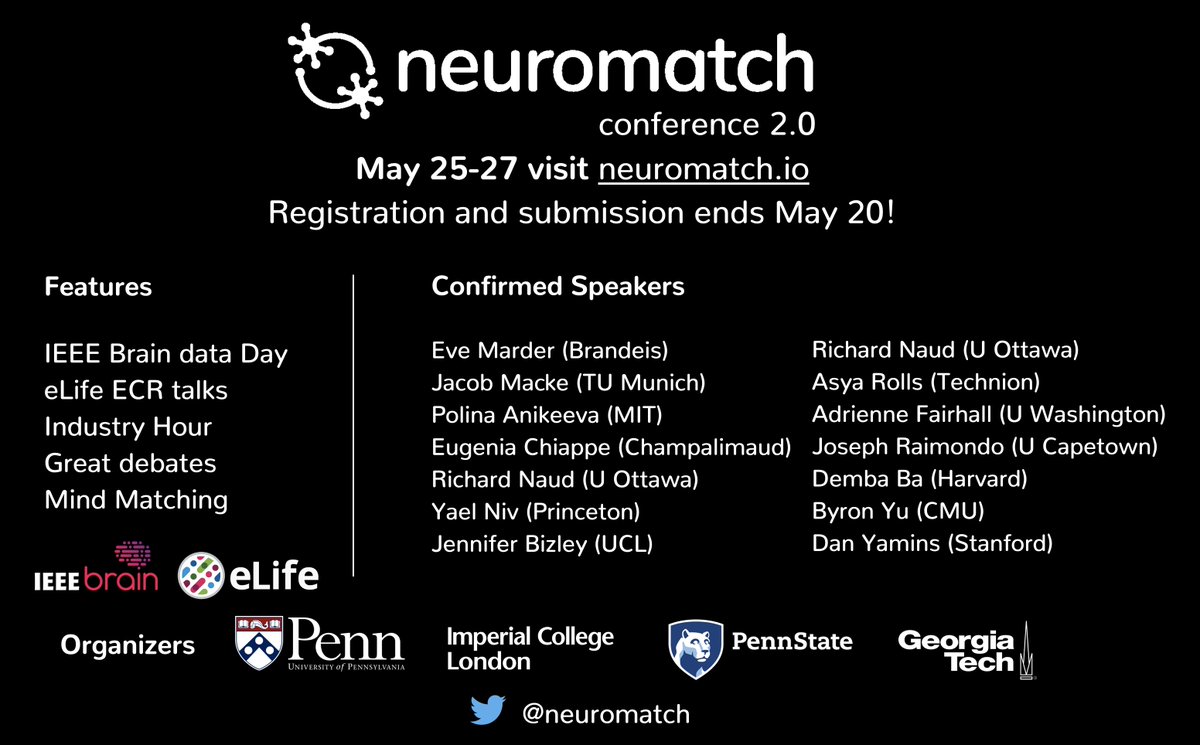 Get your registration and submissions in for neuromatch 2.0 by May 20! neuromatch.io