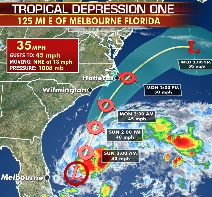 rickreichmuth's tweet photo. Tropical Depression One has formed off the Florida coast. Should strengthen into TS Arthur tomorrow. Tropical Storm Watches for NC/Outer Banks Monday. #TDOne #Arthur #weather https://t.co/gZK5iPWxGo
