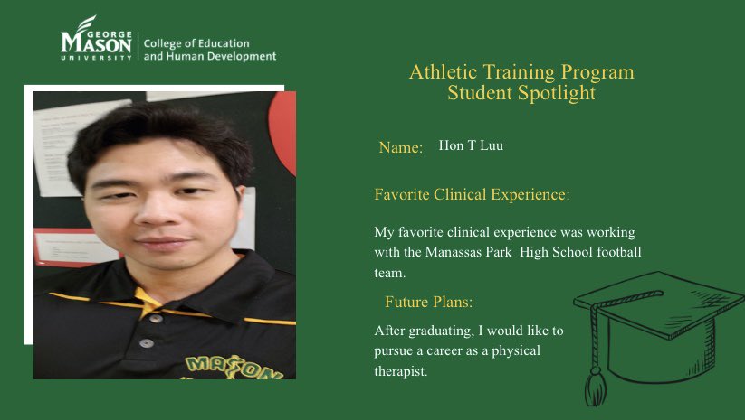 MasonMSAT's tweet photo. Congratulations to #MasonATEP Class of 2020 grad, Hon T. Luu! #Classof2020 #athletictraining #MasonNation #ChooseMason https://t.co/jWE2YSPRsu