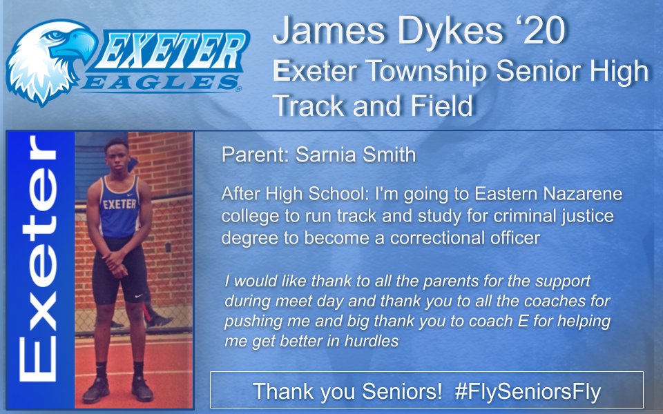 ExeterAthletics's tweet photo. It's Senior Night for our Track and Field Team! Please leave comments and good wishes for James, as he moves on to Eastern Nazarene College!!! #FlySeniorsFly @69Sports @RE_sports @exeter_shs @SpotlightBerks Spotlight On Berks Sports The Exeter Informant https://t.co/FRFxhn8ngn