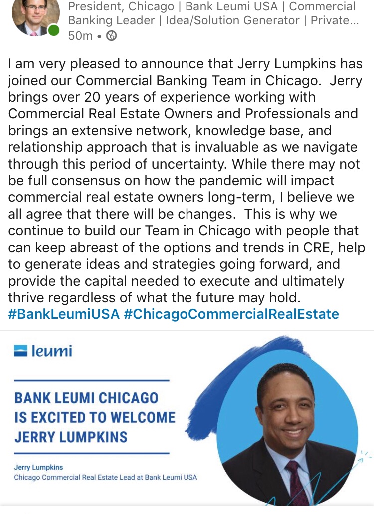JerryLumpkins1's tweet photo. Happy to be on board! Looking forward to leading and growing our CRE platform here in Chicago and the Midwest!  Let's go!!! #weareleumi https://t.co/45eI0MJdBS