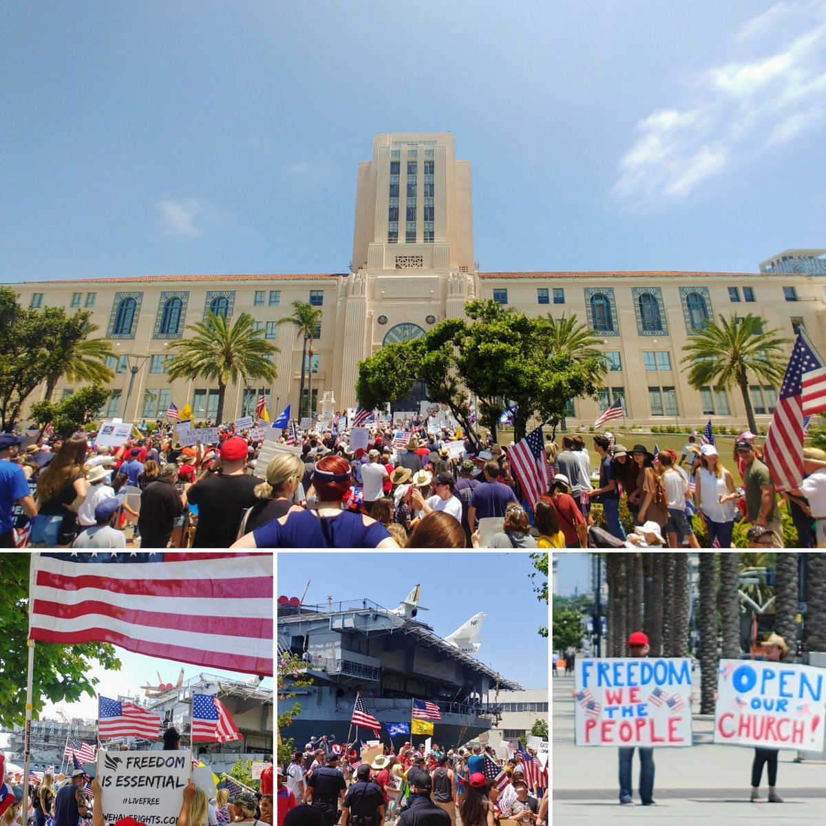 DebraJarvis2's tweet photo. Happening today in San Diego. A rally at the County Admin. Building followed by a march to the Midway. Thousands showed up. There is hope in CA! #OpenCalifornia #FULLYOPENCA #BackToWork #RECALLnewsom #sandiegopatriots #FreedomOverFear #FreedomNotTyranny #flipcaliforniared https://t.co/6II6zFhbPs