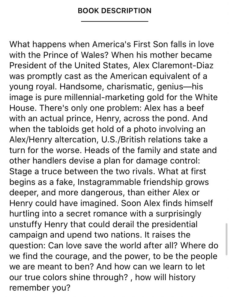 red, white and royal blue by casey mcquiston- the au we all need- this is my favourite fictional relationship pls- the book is also rly fucking funny- could read it a million times without getting tired of it- reminds me of fanfics lowkey but i love that about it