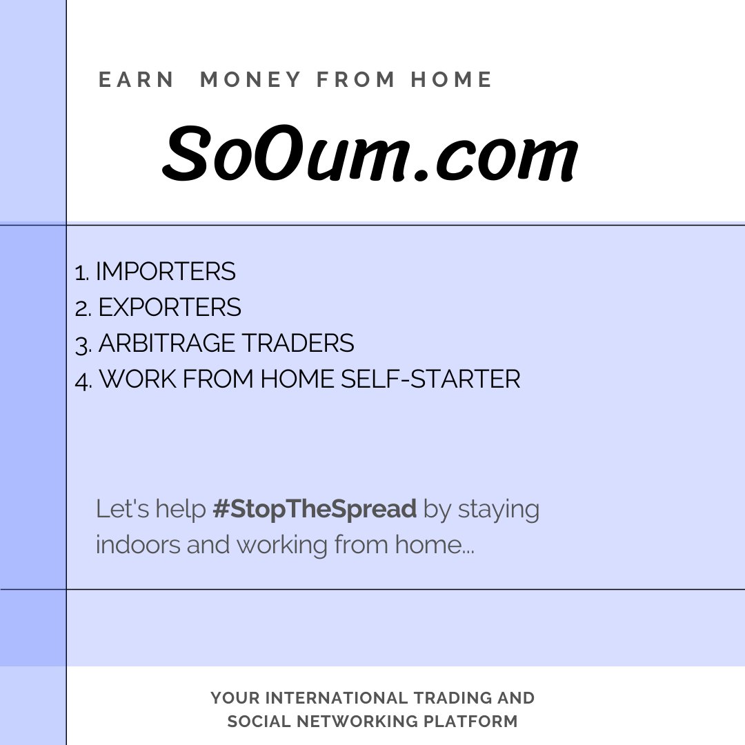 SoOumCorp's tweet photo. https://t.co/2eHBzcDDDh

Earn money from home, with SoOum.
An International trading and global networking platform. Designed to simplify international trade for the professional, yet offer an easy to use platform for the work at home, self starter. https://t.co/yxBkbHs36q