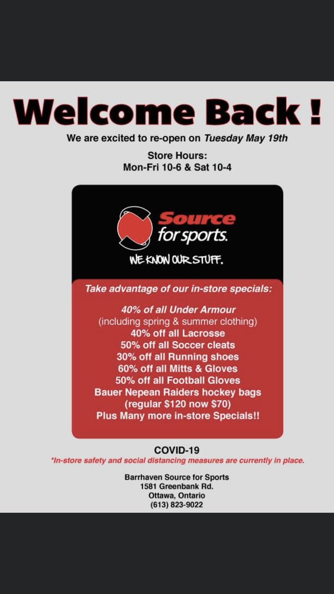 Barrhaven Source for Sports will be re-opening on Tuesday May 19th. Tons of welcome back sales!